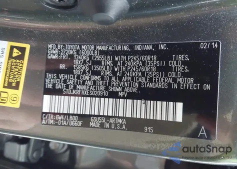 2014 Toyota Highlander Xle V6 из США, поврежденный, VIN 5TDJKRFHXES020910